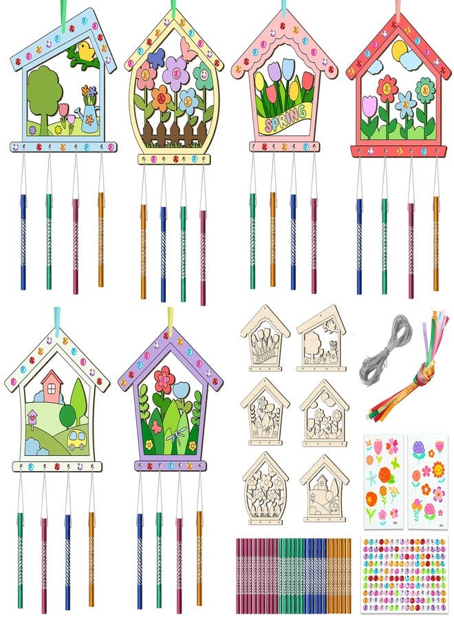 TREACLUB 12PCS Birdhouse Wind Chime Kit for Kids Make Your Own Hollow Out Bird House Wind Chime DIY Coloring Wood Crafts Spring Wooden Arts and Crafts for Boys Girls School Activities Party Decoration - Image 1